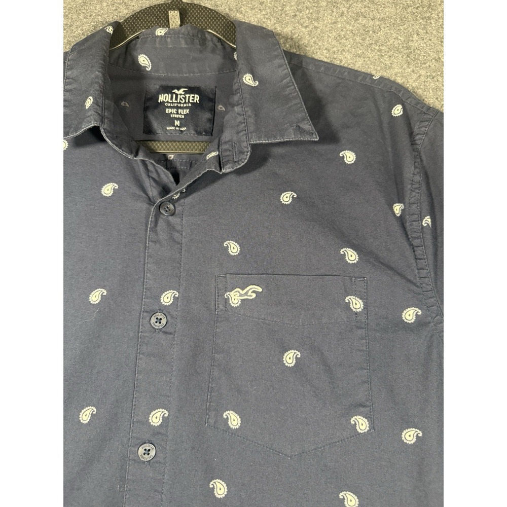 Hollister Mens Navy Blue Paisley Epic Flex Stretch Short Sleeve Shirt‎ Medium